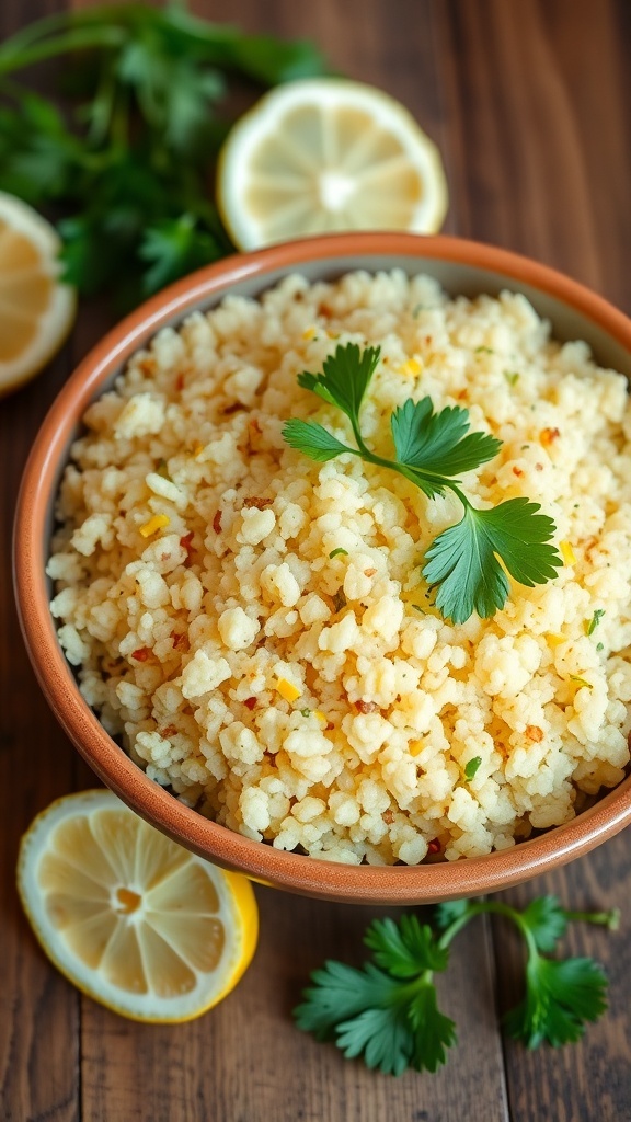 A bowl of lemon quinoa garnished with parsley, with lemon slices on a wooden table.